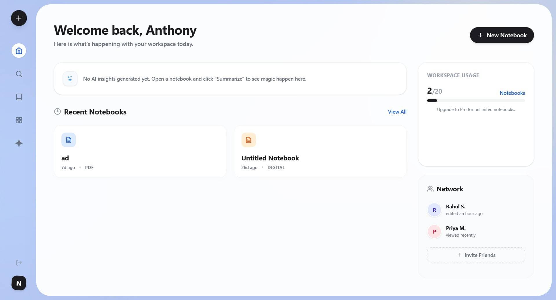 NoteBook workspace showing organized notes, AI suggestions, and collaboration features on a clean blue-white interface